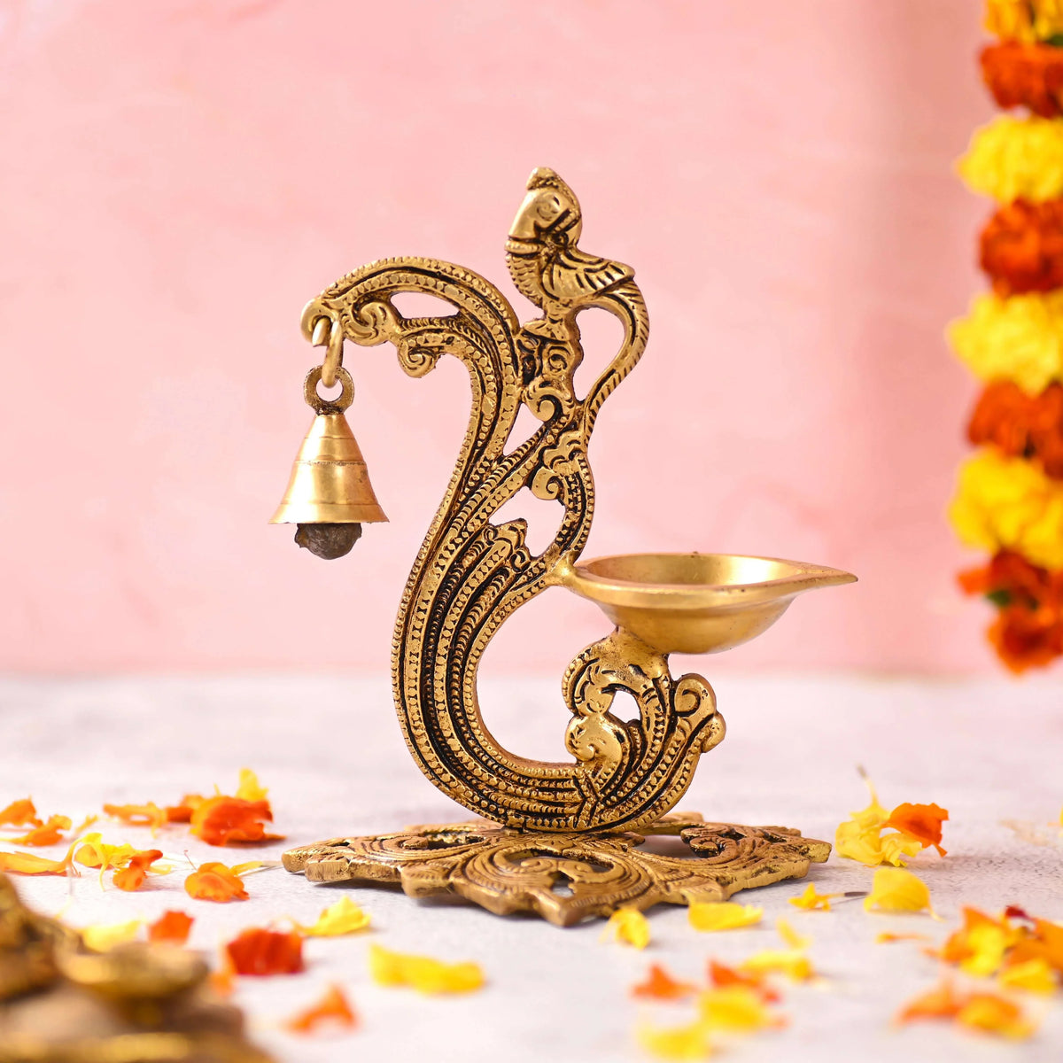 Brass Ethnic Peacock Diya With Hanging bell (7 Inch)