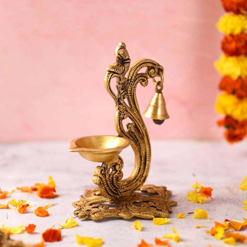 Brass Ethnic Peacock Diya With Hanging bell (7 Inch)