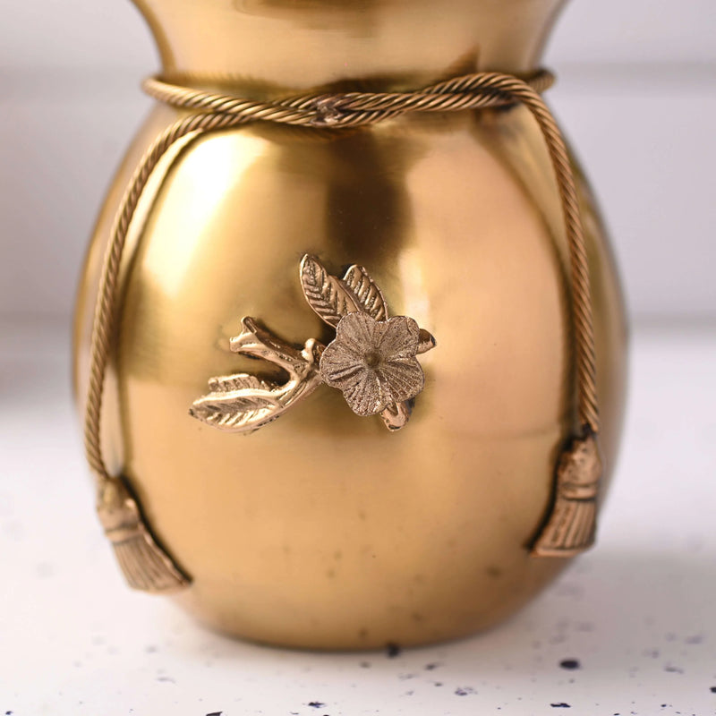 Brass Decorative Jar with Lid Neck Ribbon Bow Design