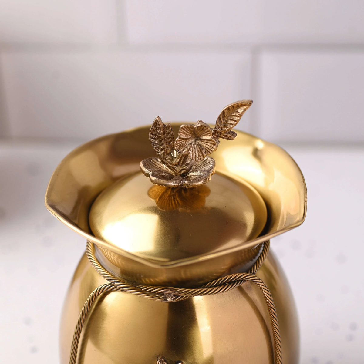 Brass Decorative Jar with Lid Neck Ribbon Bow Design