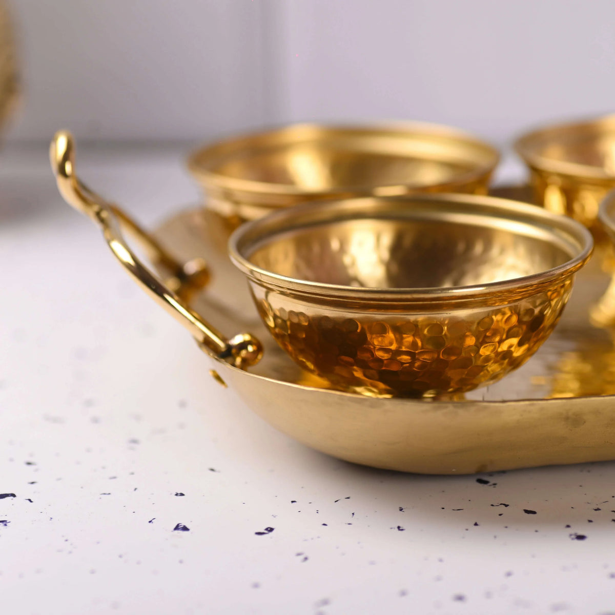 Brass Hammered Serving Tray / Platter With Bowl and Spoon Set With Velvet Box