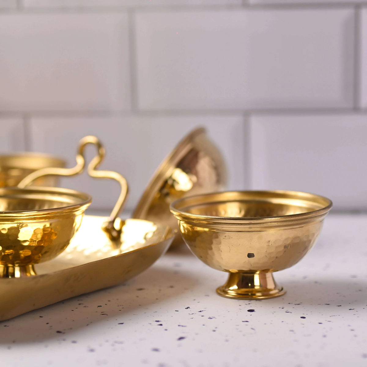 Brass Hammered Serving Tray / Platter With Bowl and Spoon Set With Velvet Box