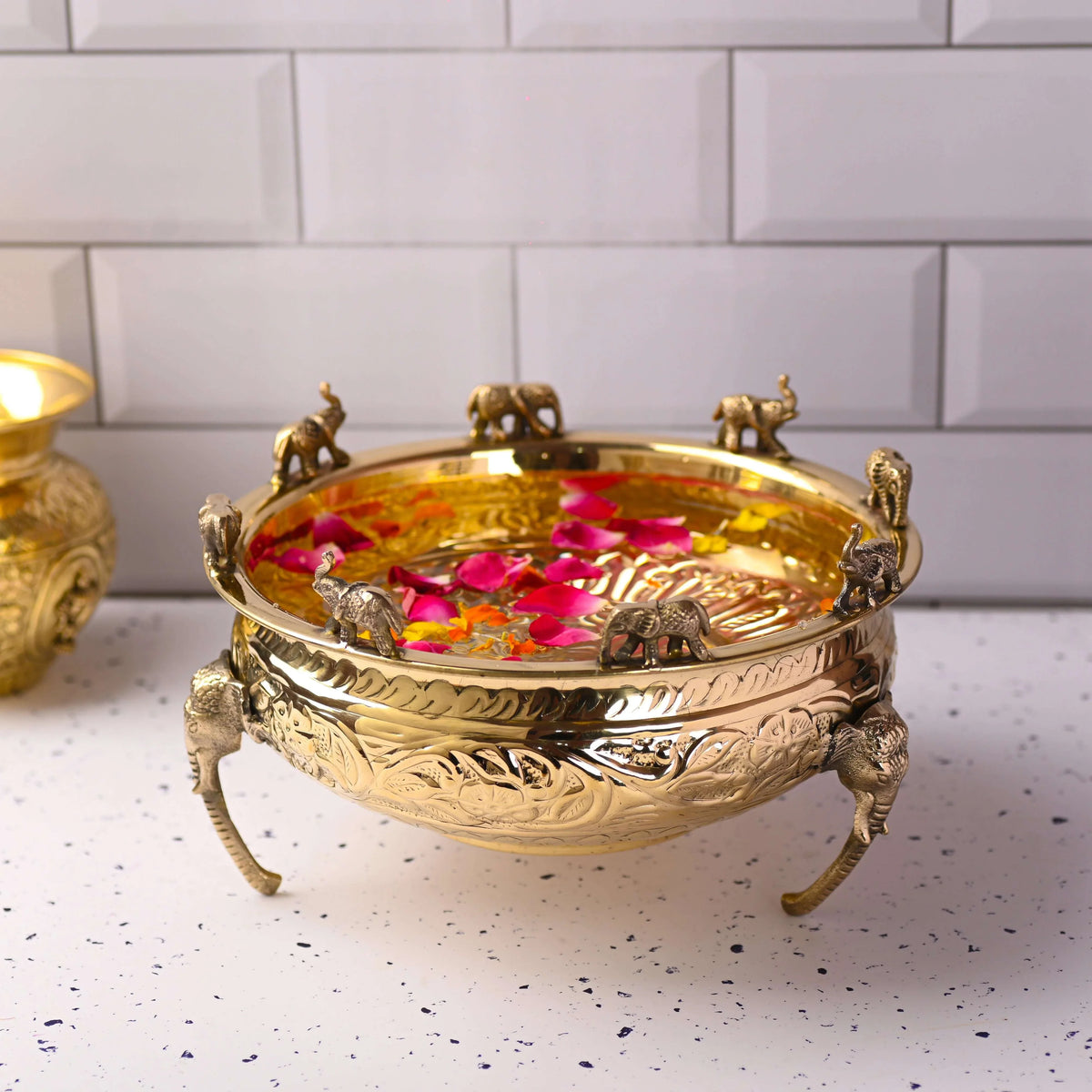 Brass Urli Bowl with Elephant Legs