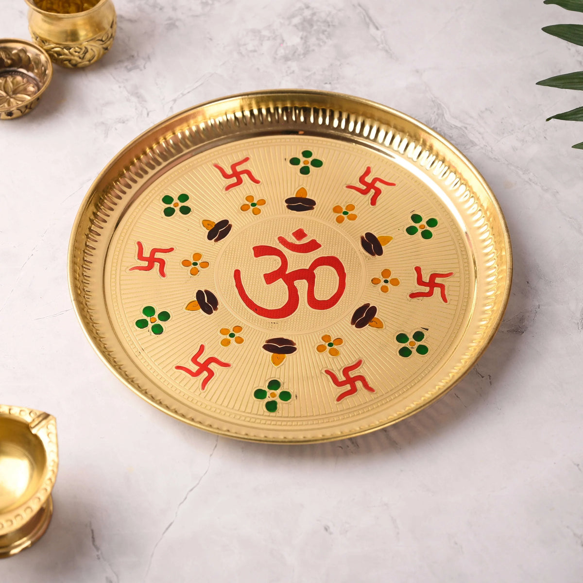 Brass Hand Painted Om & Swastik Pooja Thali (10 Inch)