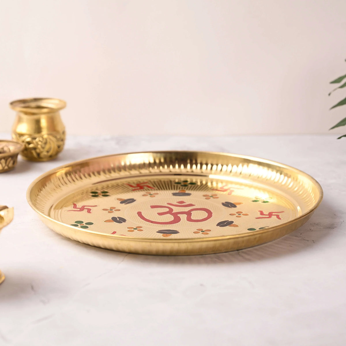 Brass Hand Painted Om & Swastik Pooja Thali (10 Inch)