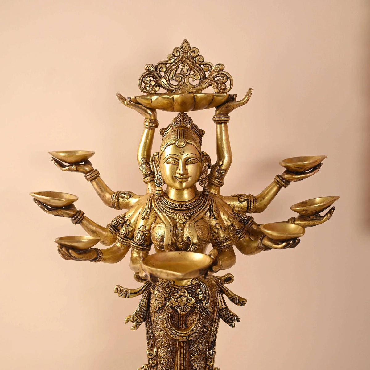 Brass Deep Standing Lakshmi with Ten Arms (13.5 Inch)