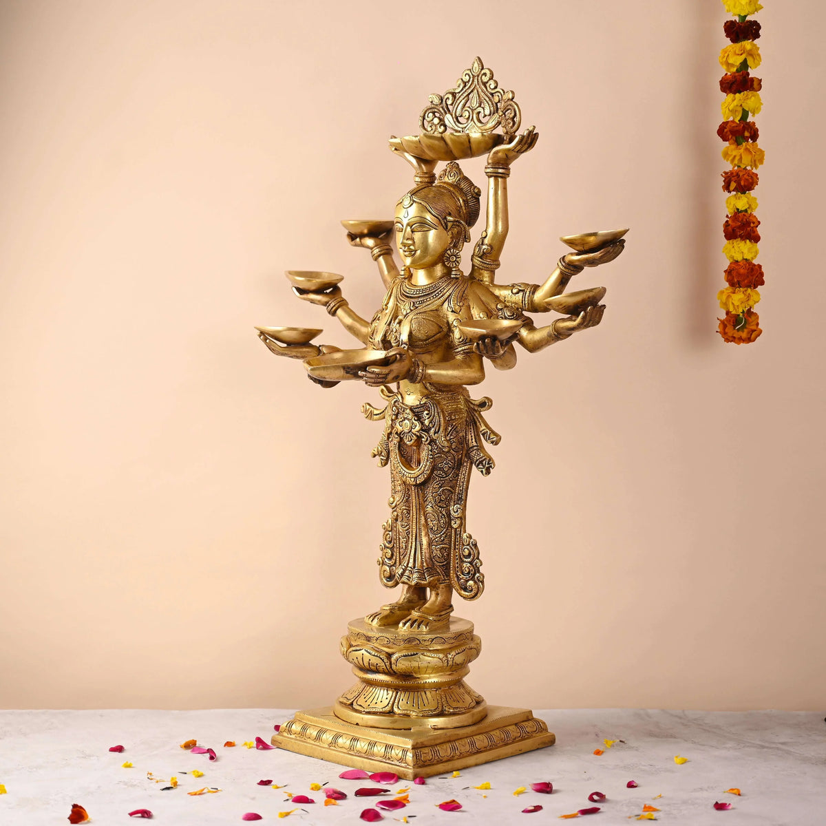 Brass Deep Standing Lakshmi with Ten Arms (13.5 Inch)