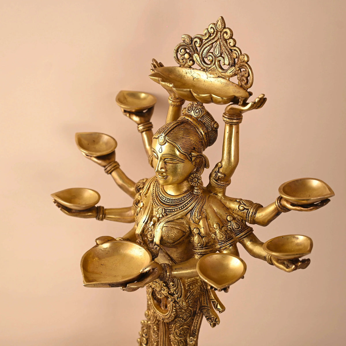 Brass Deep Standing Lakshmi with Ten Arms (13.5 Inch)