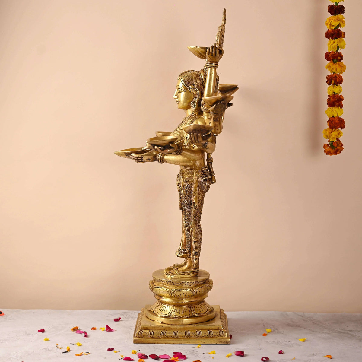 Brass Deep Standing Lakshmi with Ten Arms (13.5 Inch)