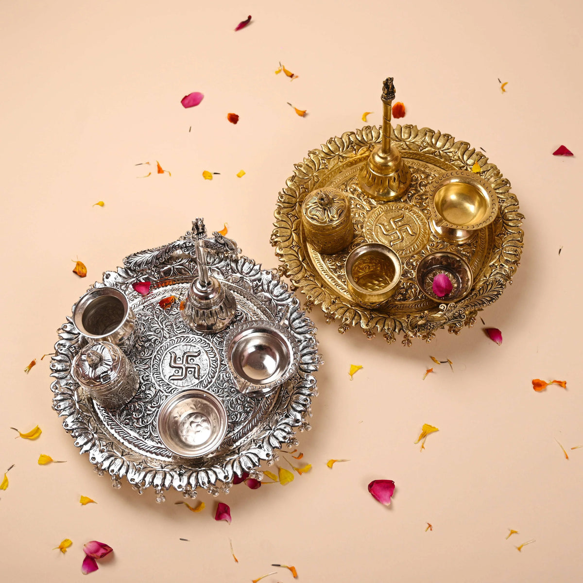 Brass Silver Plated Peacock Pooja Thali Set With Ghungroo (1 Kg)