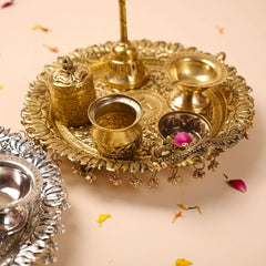 Brass Silver Plated Peacock Pooja Thali Set With Ghungroo (1 Kg)