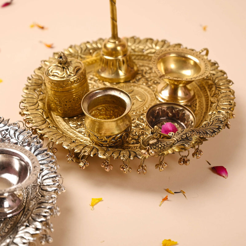Brass Silver Plated Peacock Pooja Thali Set With Ghungroo (1 Kg)