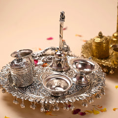 Brass Silver Plated Peacock Pooja Thali Set With Ghungroo (1 Kg)