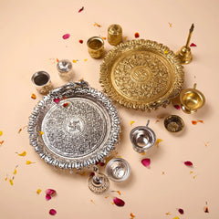 Brass Silver Plated Peacock Pooja Thali Set With Ghungroo (1 Kg)