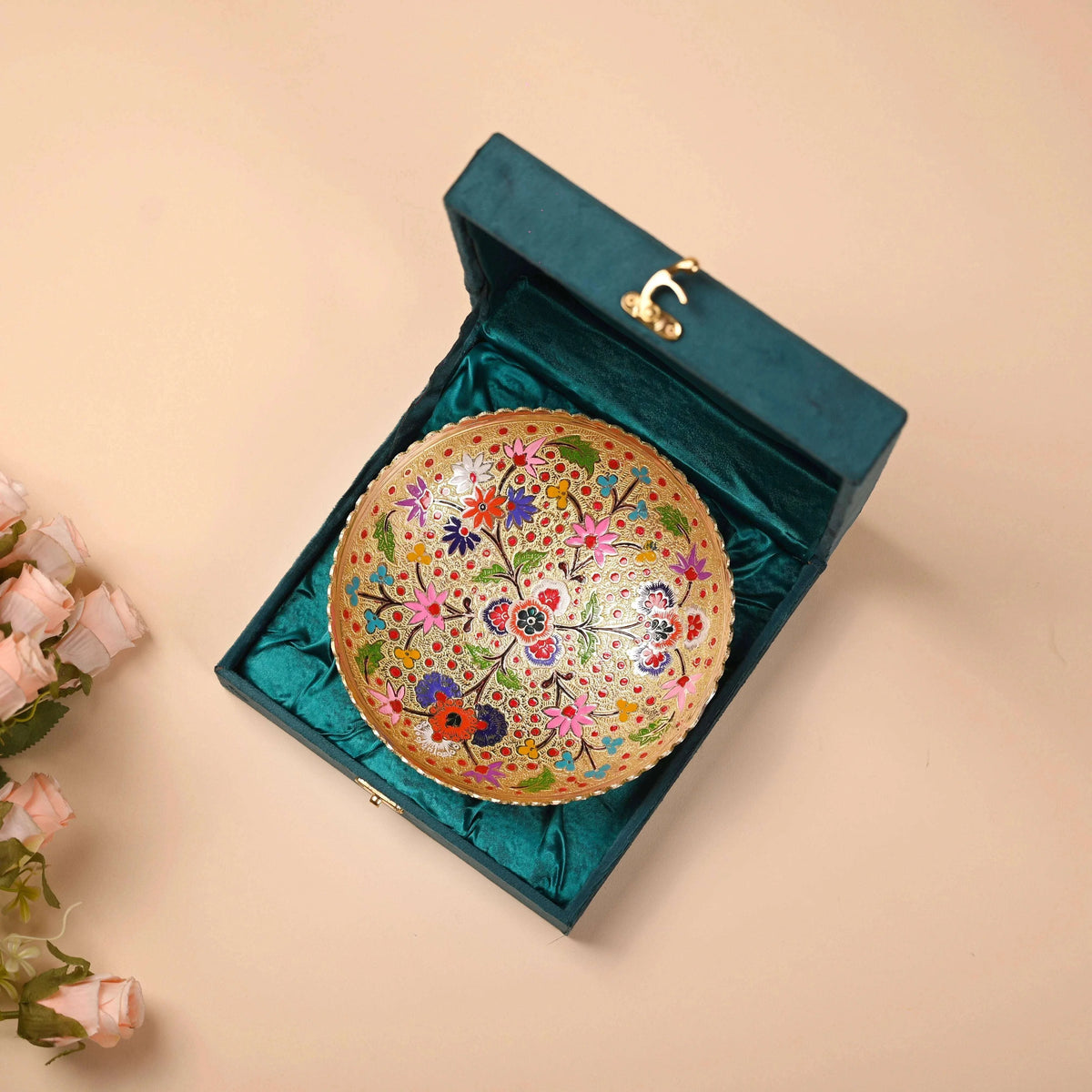 Brass Hand Painted Decorative Fruit Bowl With Velvet Box (7.5 Inch)