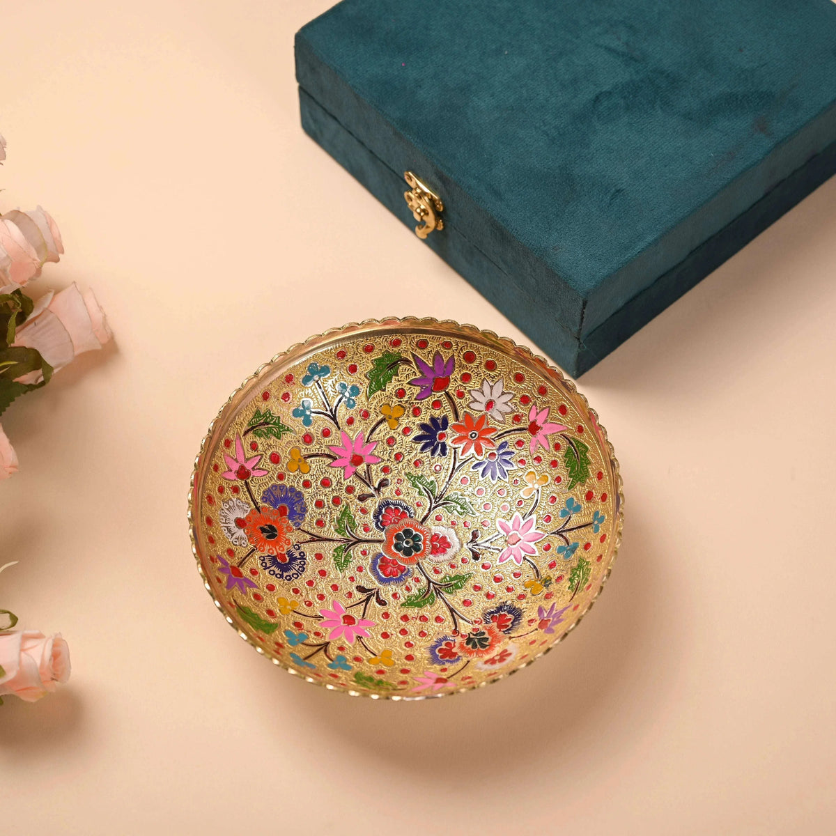 Brass Hand Painted Decorative Fruit Bowl With Velvet Box (7.5 Inch)