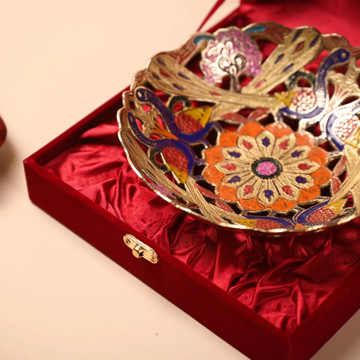 Brass Hand Painted Peacock Fruit Bowl With Velvet Box (7.5 Inch)