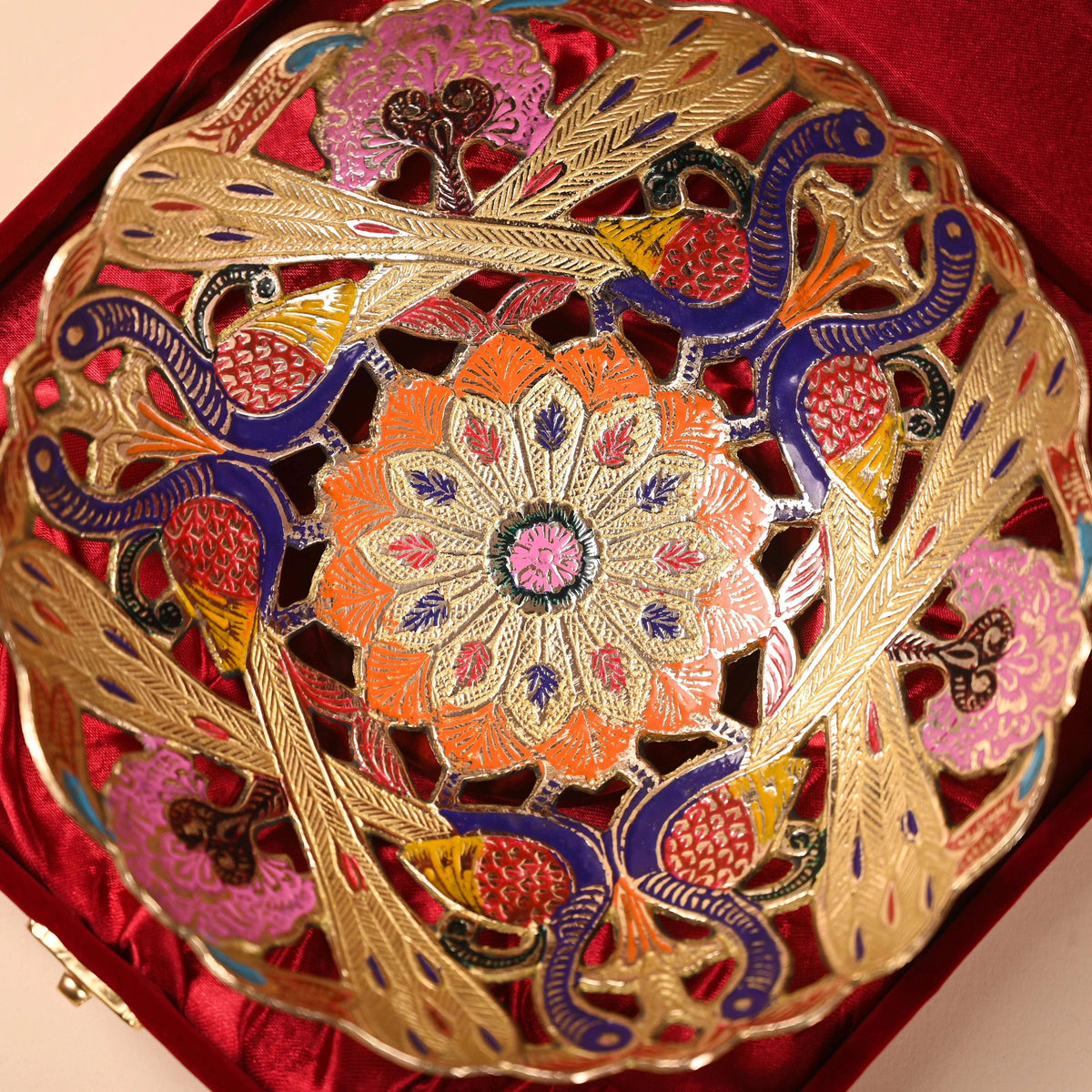 Brass Hand Painted Peacock Fruit Bowl With Velvet Box (7.5 Inch)