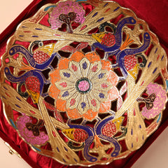 Brass Hand Painted Peacock Fruit Bowl With Velvet Box (7.5 Inch)