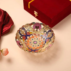 Brass Hand Painted Peacock Fruit Bowl With Velvet Box (7.5 Inch)
