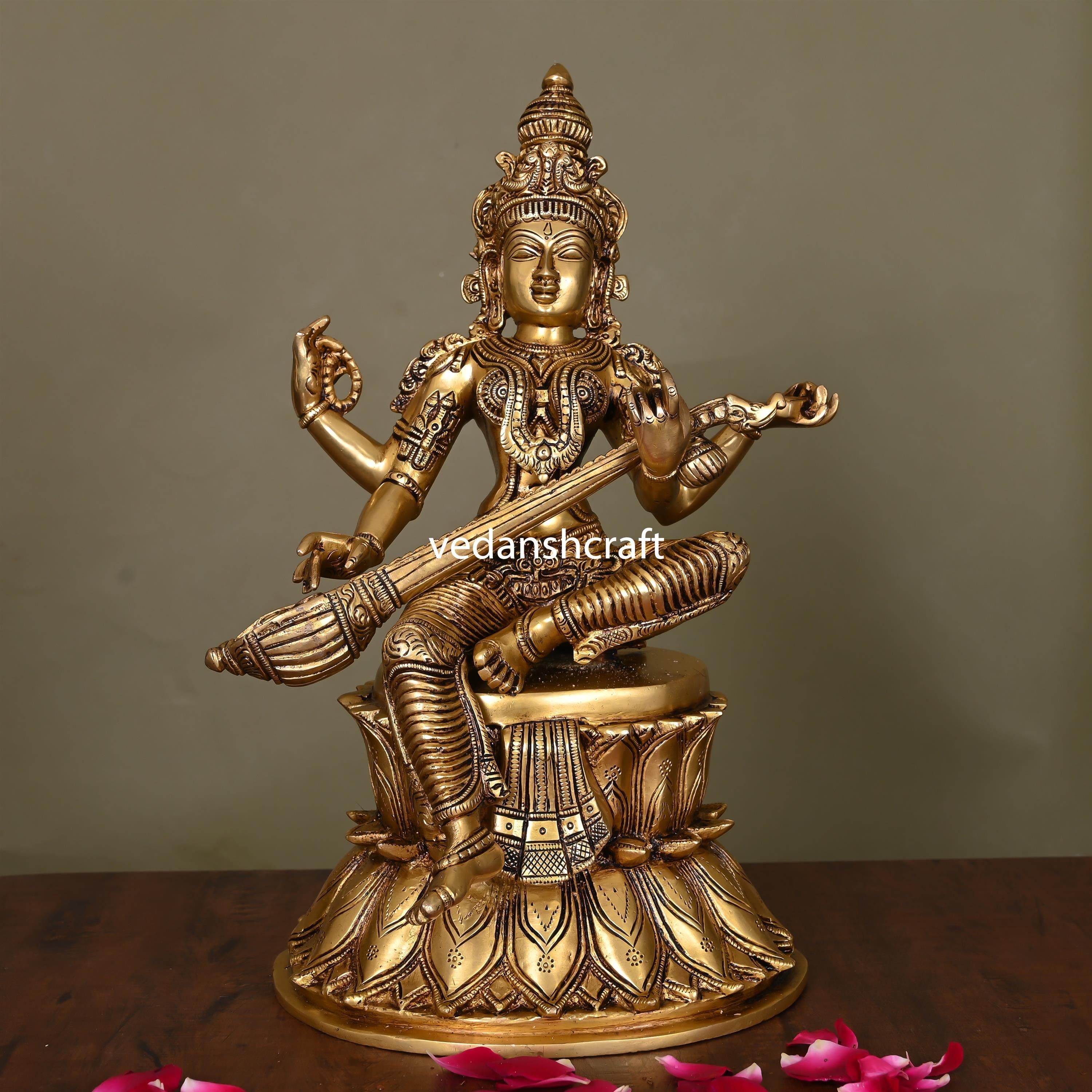Brass Goddess Saraswati Idol (14.5")