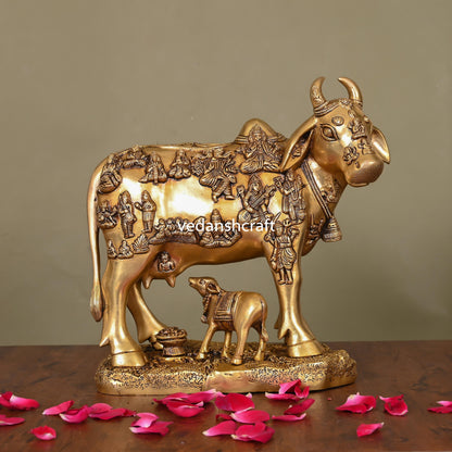 Brass Superfine Cow With Calf Idol (11 Inch)