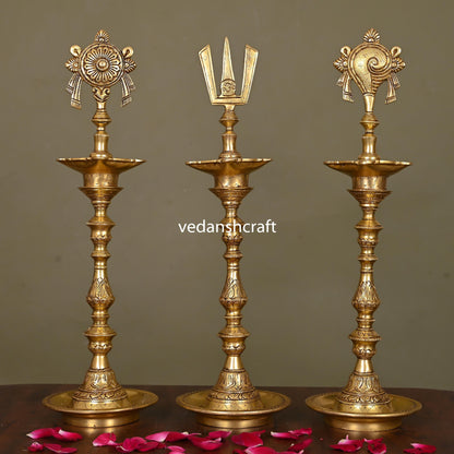 Brass Shankh Chakra And Namah Lamp Set (17 Inch)