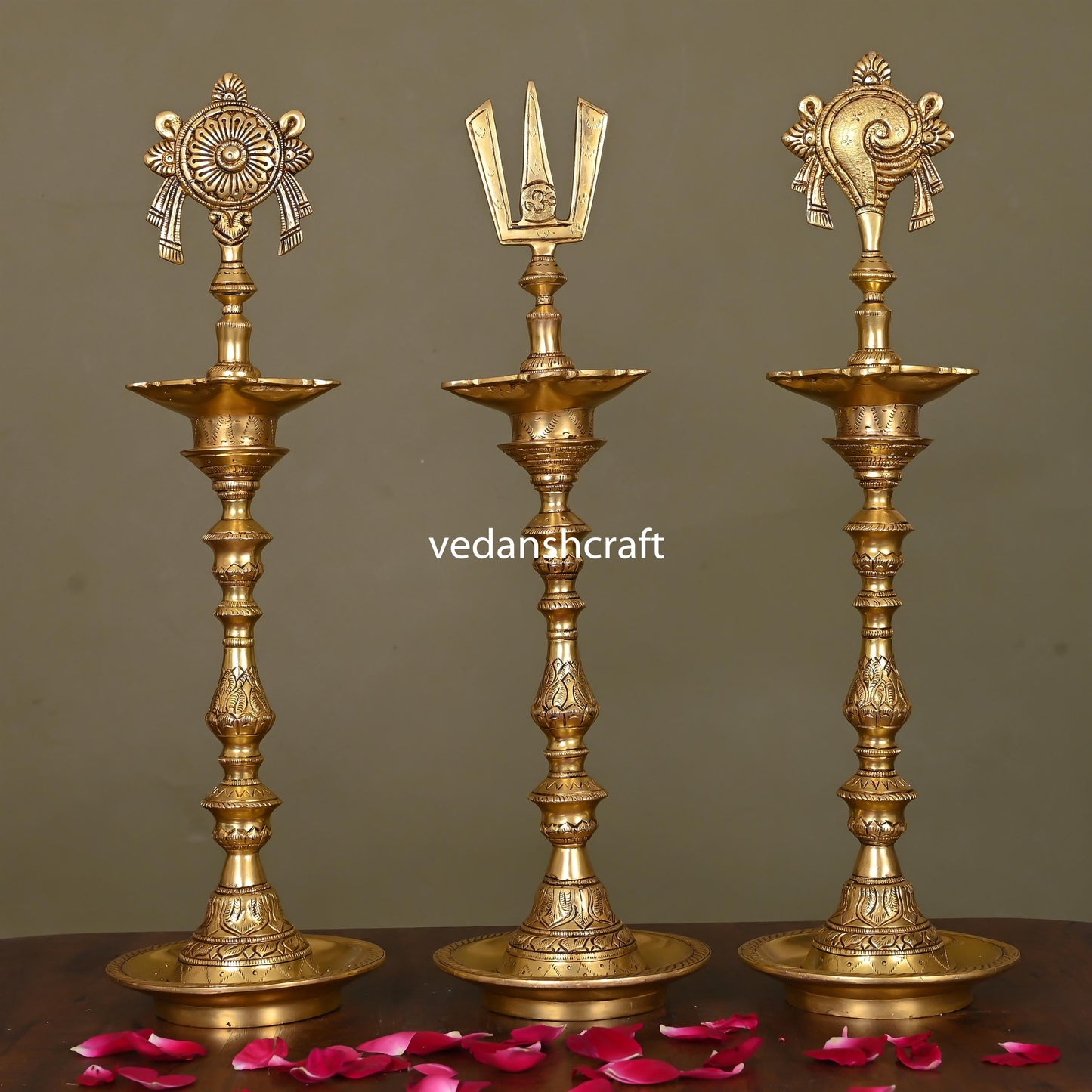 Brass Shankh Chakra And Namah Lamp Set (17 Inch)