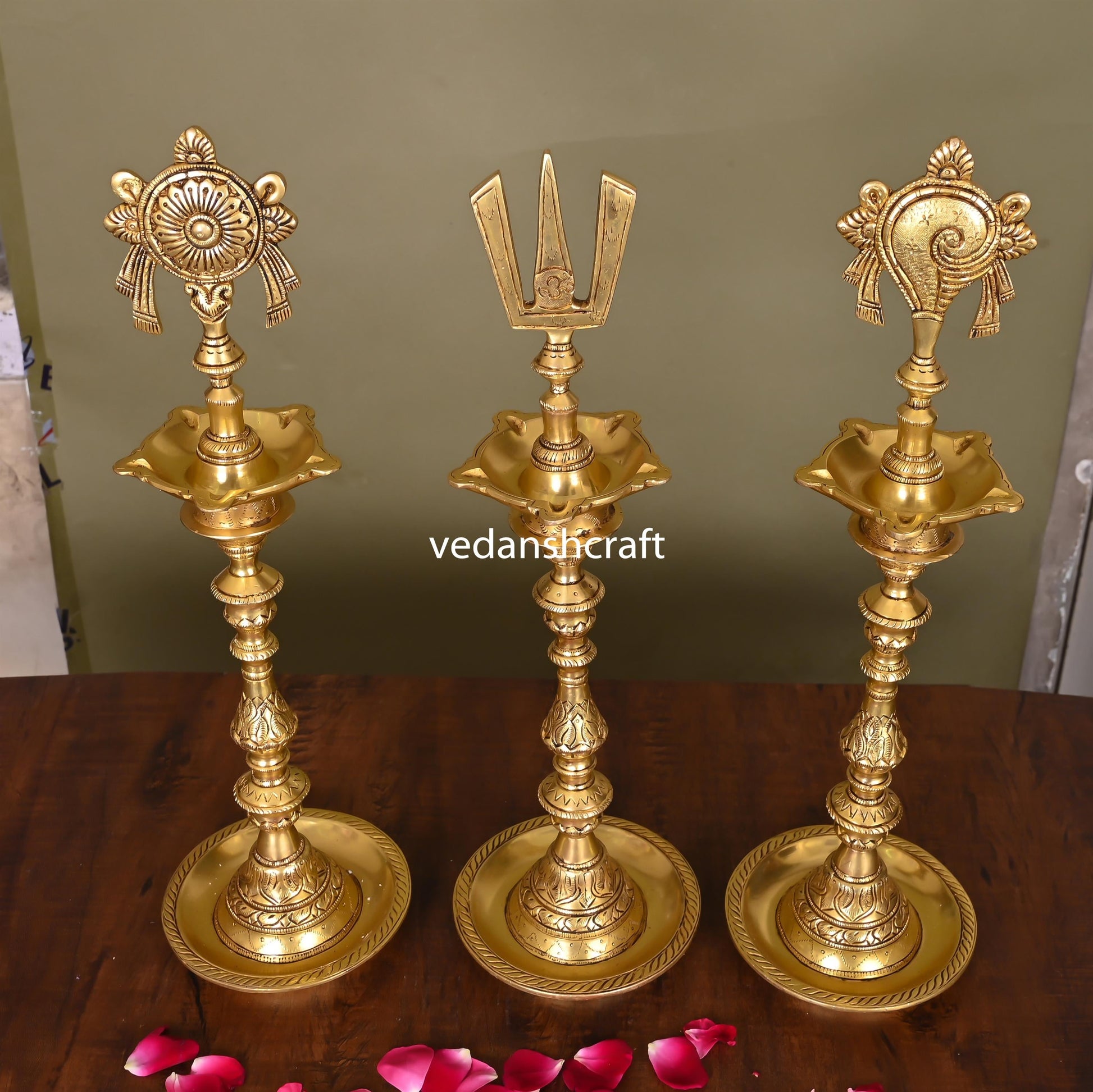 Brass Shankh Chakra And Namah Lamp Set (17 Inch)
