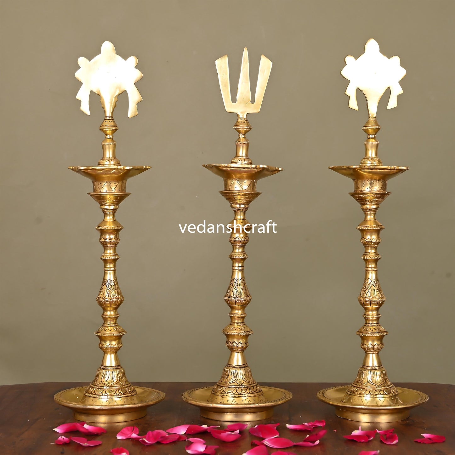 Brass Shankh Chakra And Namah Lamp Set (17 Inch)