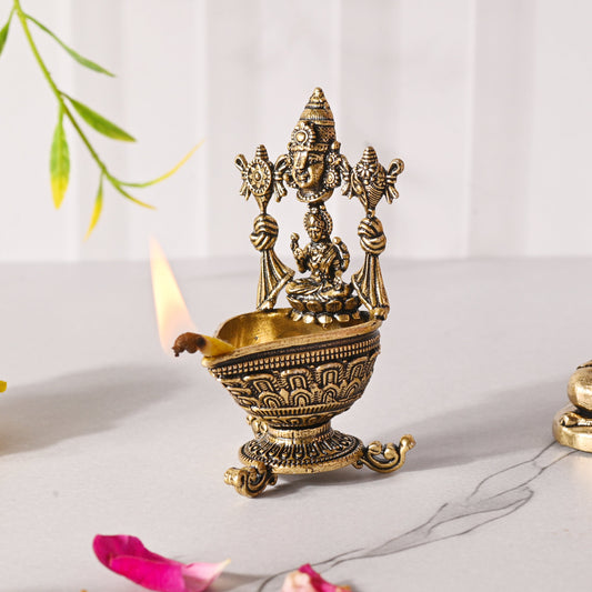 Brass Vishnu Lakshmi Diya – Traditional Pooja Decor (2.9 Inch)