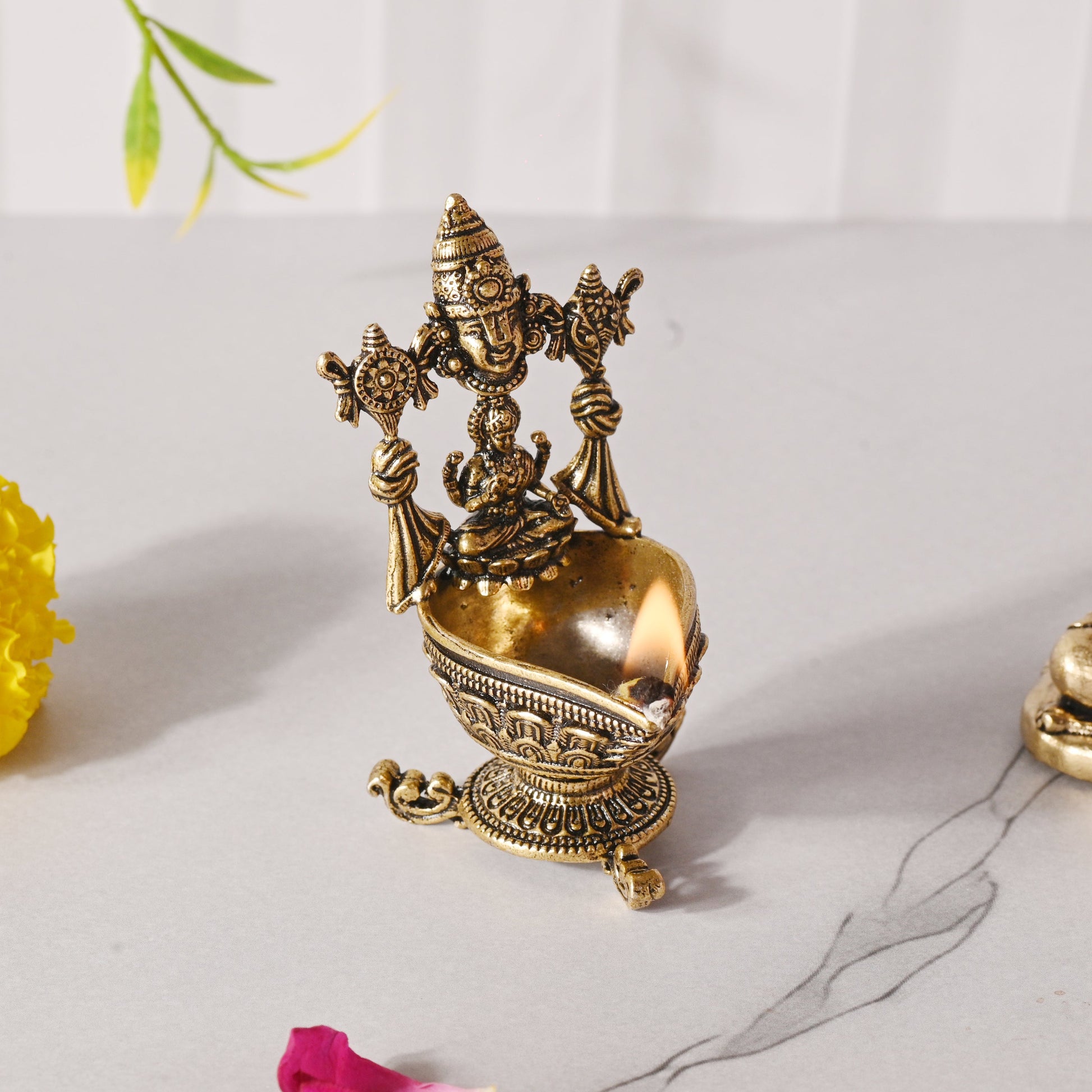 Brass Vishnu Lakshmi Diya – Traditional Pooja Decor (2.9 Inch)