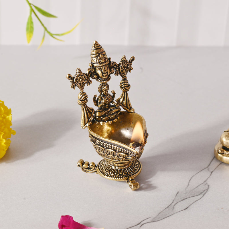 Brass Vishnu Lakshmi Diya – Traditional Pooja Decor (2.9 Inch)