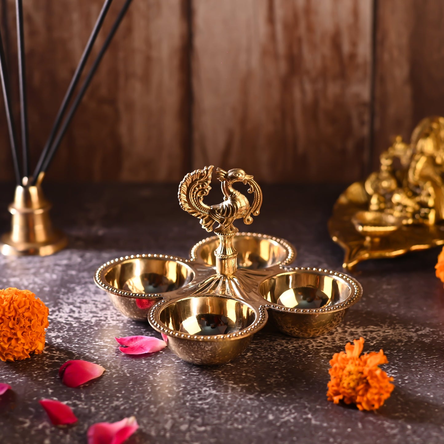 Brass Peacock Design Four Petal Chopra / Pooja Plate (3.5 Inch)