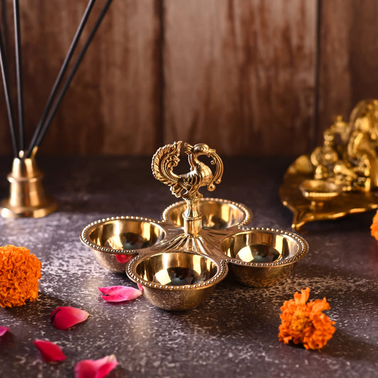 Brass Peacock Design Four Petal Chopra / Pooja Plate (3.5 Inch)