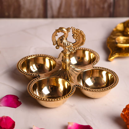 Brass Peacock Design Four Petal Chopra / Pooja Plate (3.5 Inch)