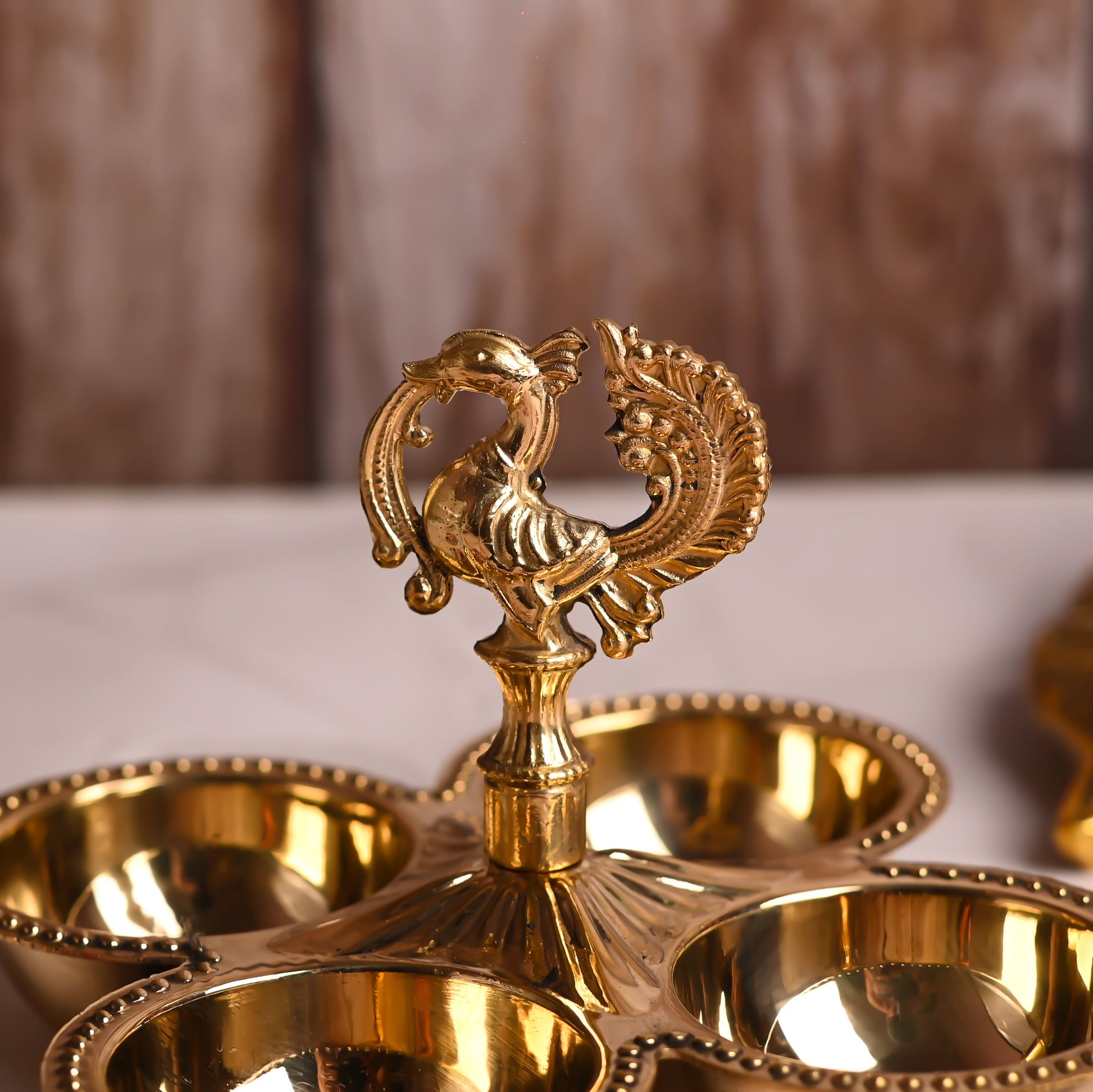 Brass Peacock Design Four Petal Chopra / Pooja Plate (3.5 Inch)