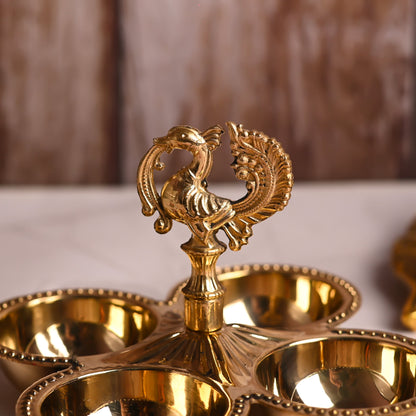 Brass Peacock Design Four Petal Chopra / Pooja Plate (3.5 Inch)