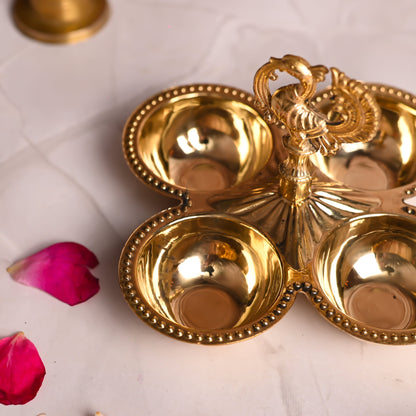 Brass Peacock Design Four Petal Chopra / Pooja Plate (3.5 Inch)