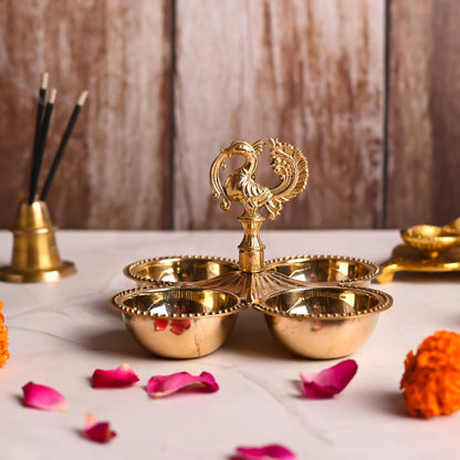 Brass Peacock Design Four Petal Chopra / Pooja Plate (3.5 Inch)