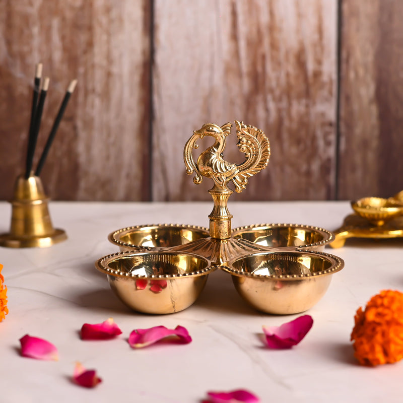 Brass Peacock Design Four Petal Chopra / Pooja Plate (3.5 Inch)