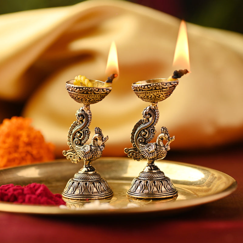Brass Peacock Diya Pair – Handcrafted Traditional Brass Decor (2 Inch)