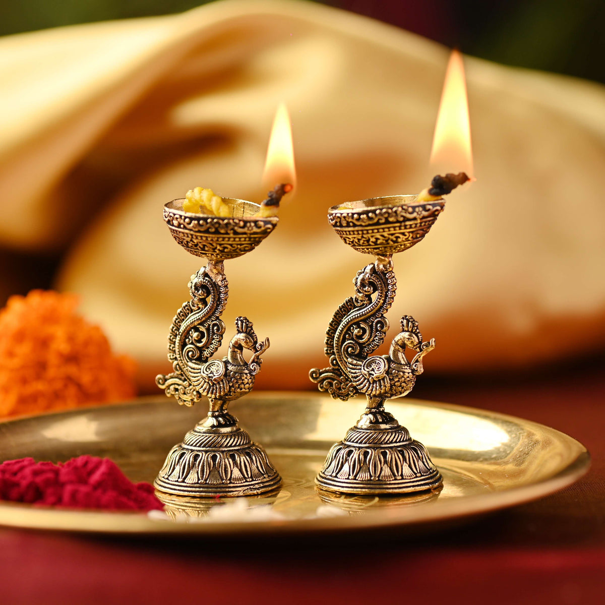 Brass Peacock Lightweight Diya Pair
