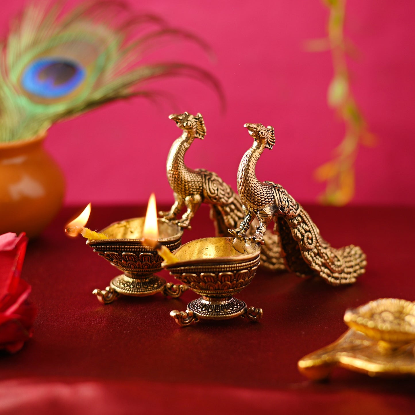 Brass Peacock Diya Pair – Handcrafted Traditional Brass Decor (3.3 Inch)