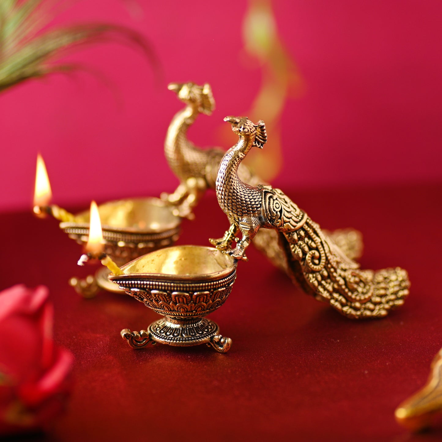 Brass Peacock Diya Pair – Handcrafted Traditional Brass Decor (3.3 Inch)