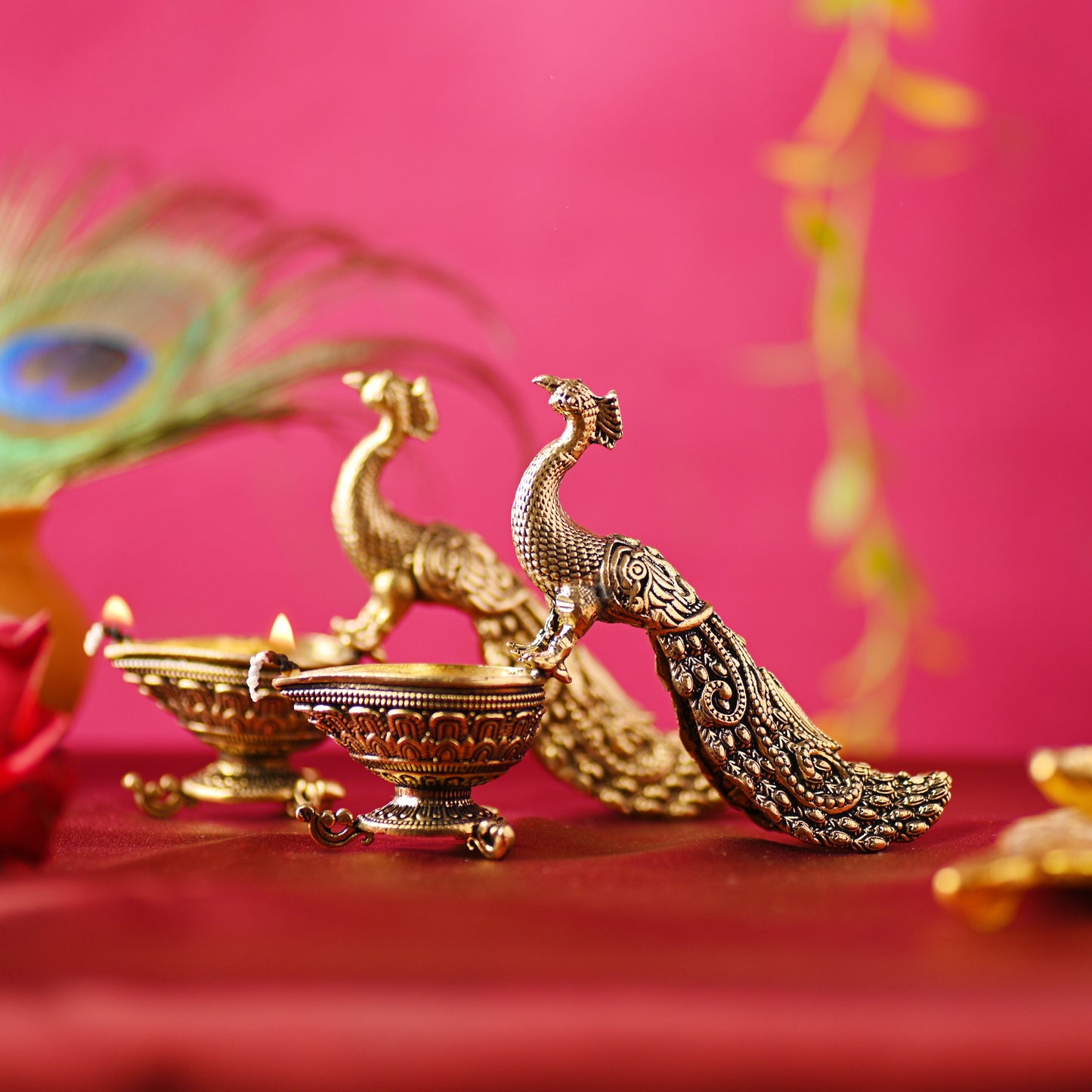 Brass Peacock Diya Pair – Handcrafted Traditional Brass Decor (3.3 Inch)