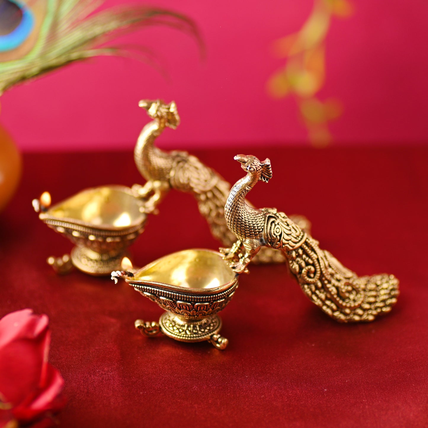Brass Peacock Diya Pair – Handcrafted Traditional Brass Decor (3.3 Inch)