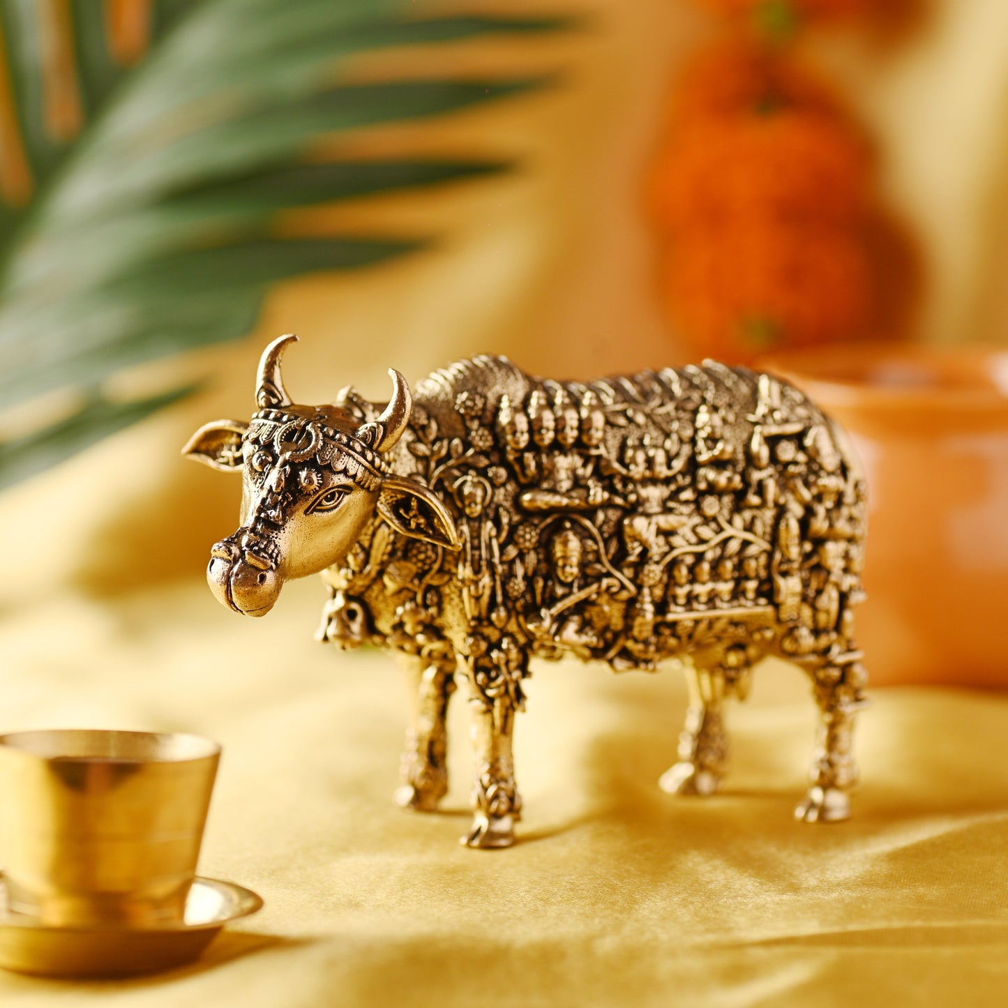 Brass Cow with Engraved Gods and Goddesses – Handcrafted Decor (3 Inch)