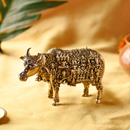 Brass Cow with Engraved Gods and Goddesses – Handcrafted Decor (3 Inch)