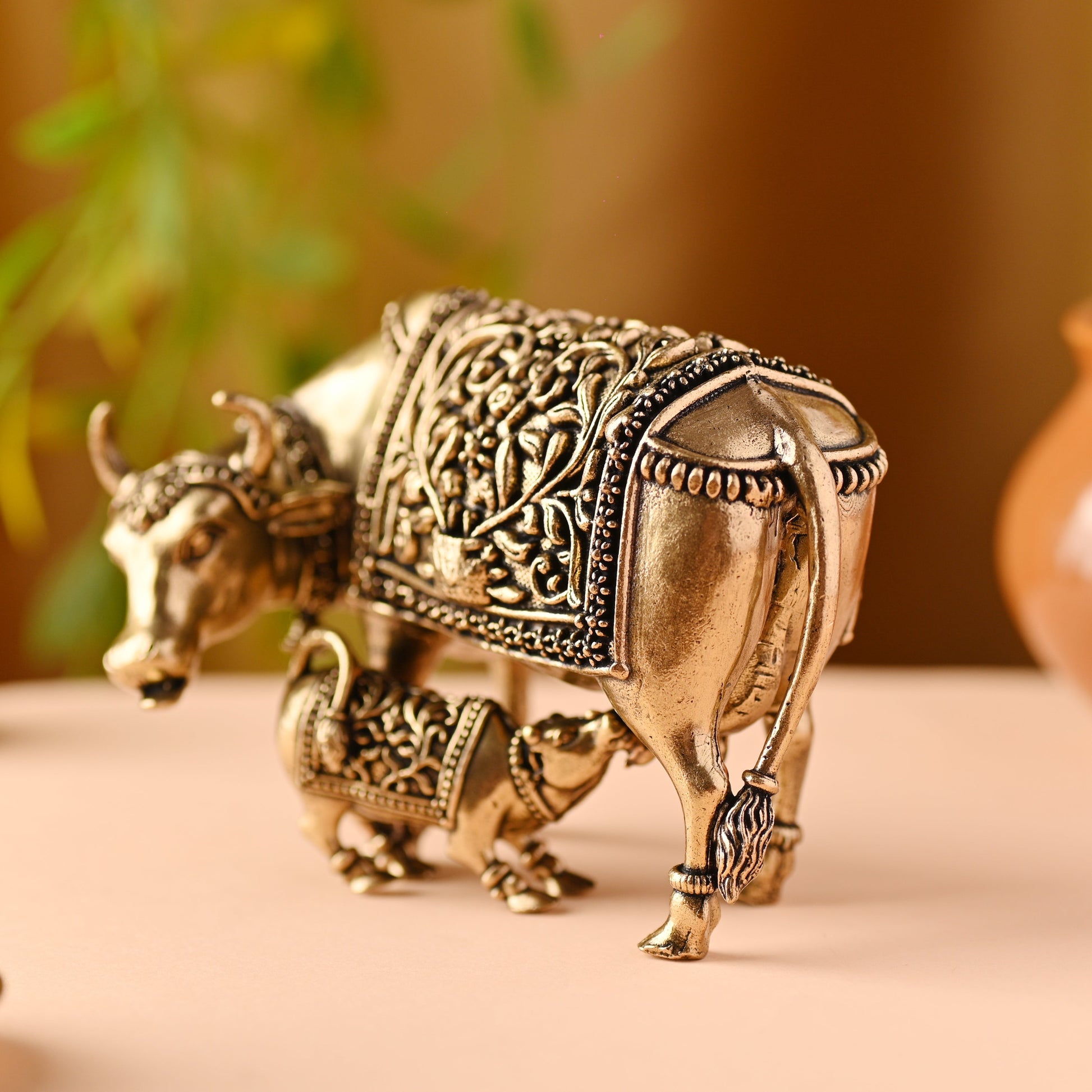 Brass Kamdhenu Cow with Calf Idol – Handmade Auspicious Decor